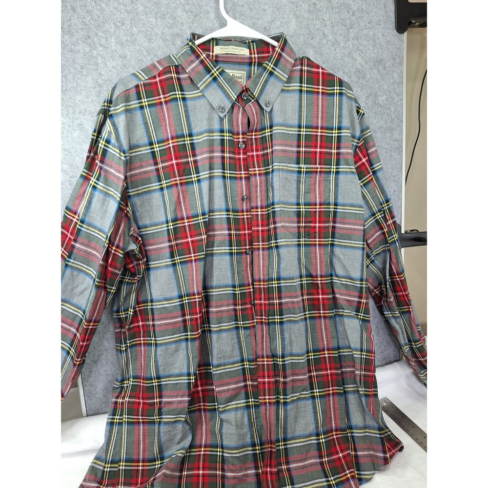 LL Bean Mens Large Plaid Button Down Shirt Wrinkle Resistant Grey Red 291792